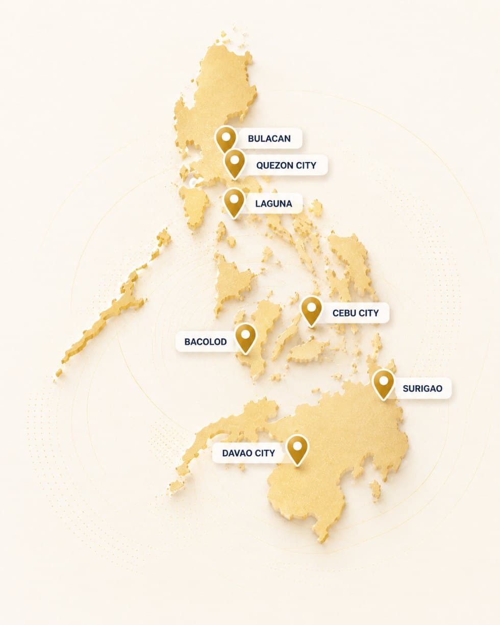 Map of the Philippines showing Portal offices across Luzon, Visayas, and Mindanao: Bulacan, Quezon City, Laguna, Bacolod, Cebu City, Surigao, and Davao City